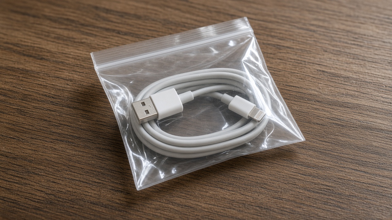 透明袋裡的充電線，無真人臉