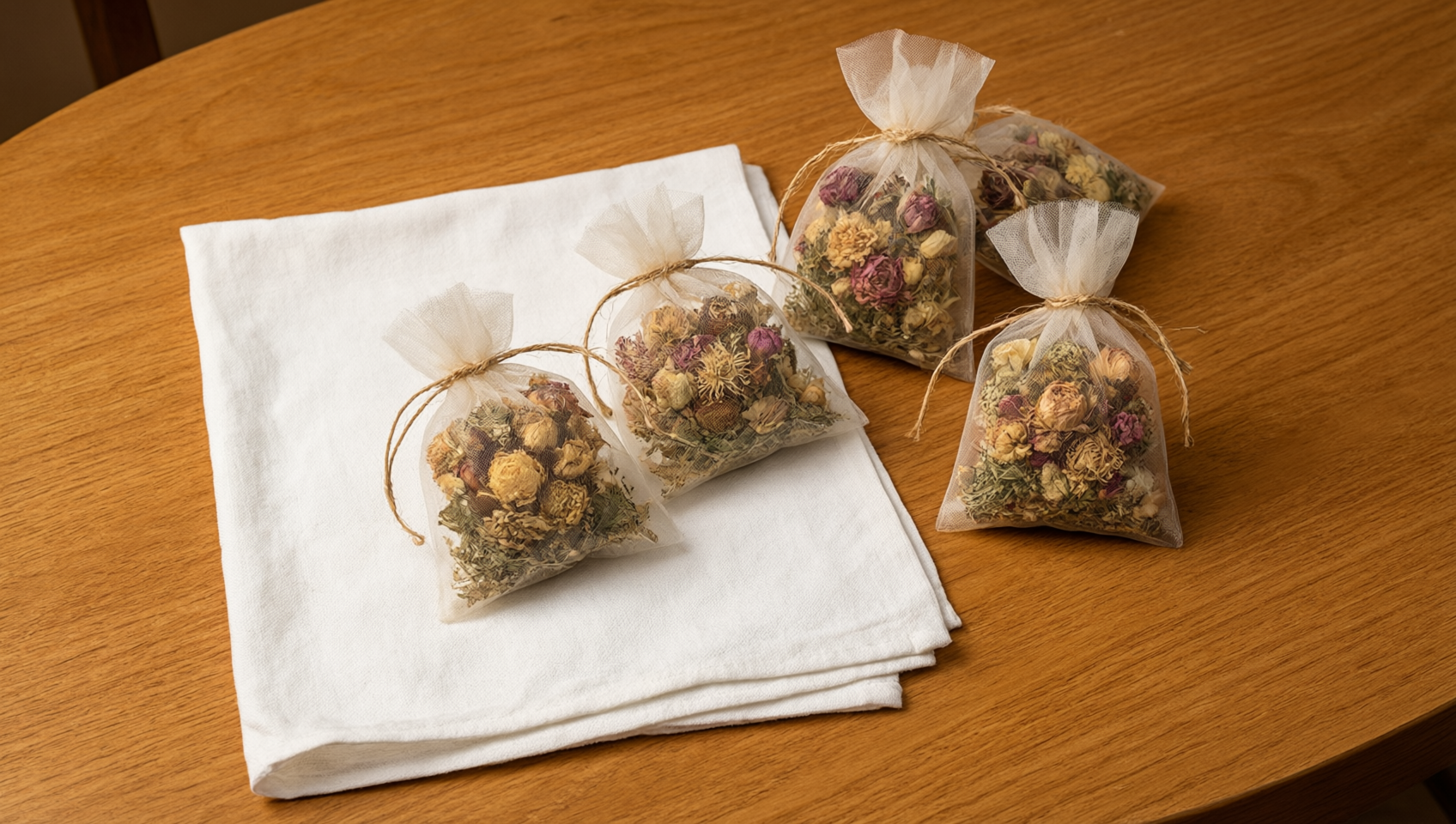 木桌上的乾燥花香氛包
