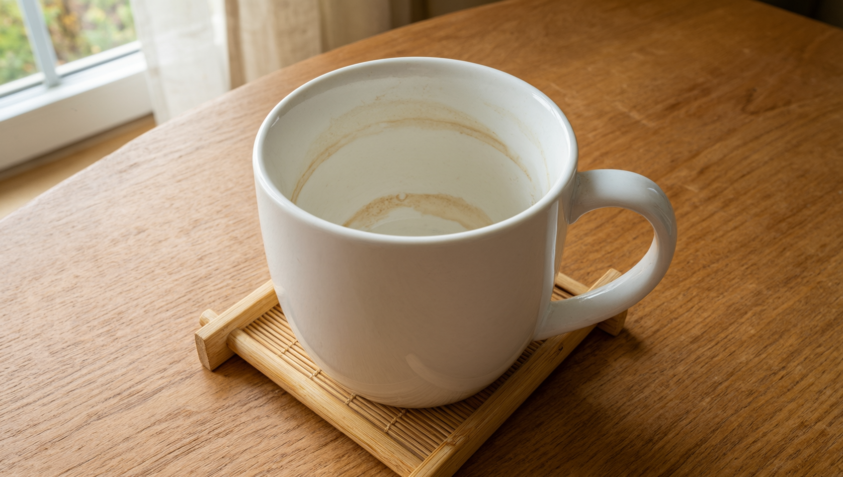 白瓷馬克杯放在竹杯墊上露出底部茶垢