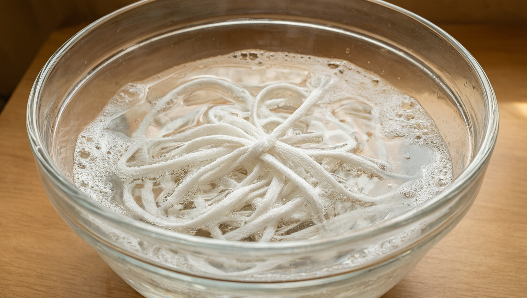 玻璃盆裡浸泡著肥皂水的鞋帶特寫