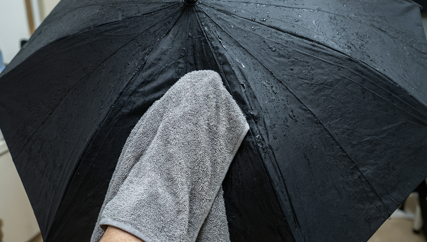 乾毛巾輕壓黑色濕傘面吸去雨水的特寫